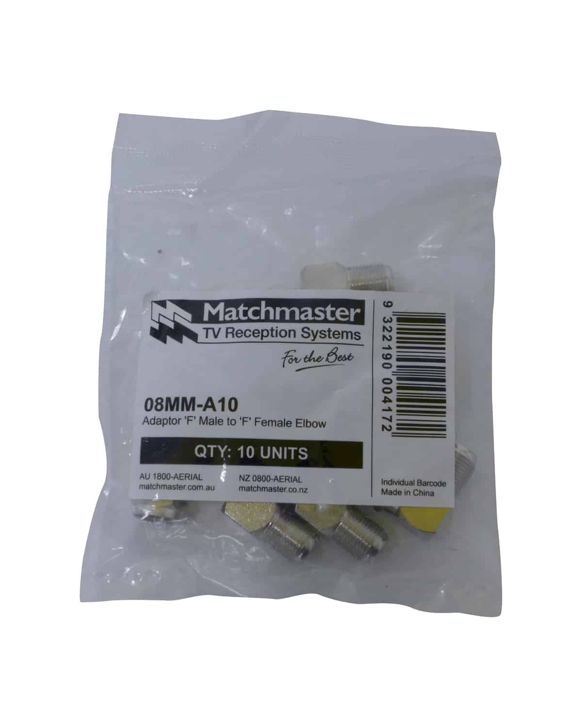 MATCHMASTER ADAPTOR 'F' MALE TO F' FEMALE ELBOW (10 Pack) : 08MM-A10 - Image 2