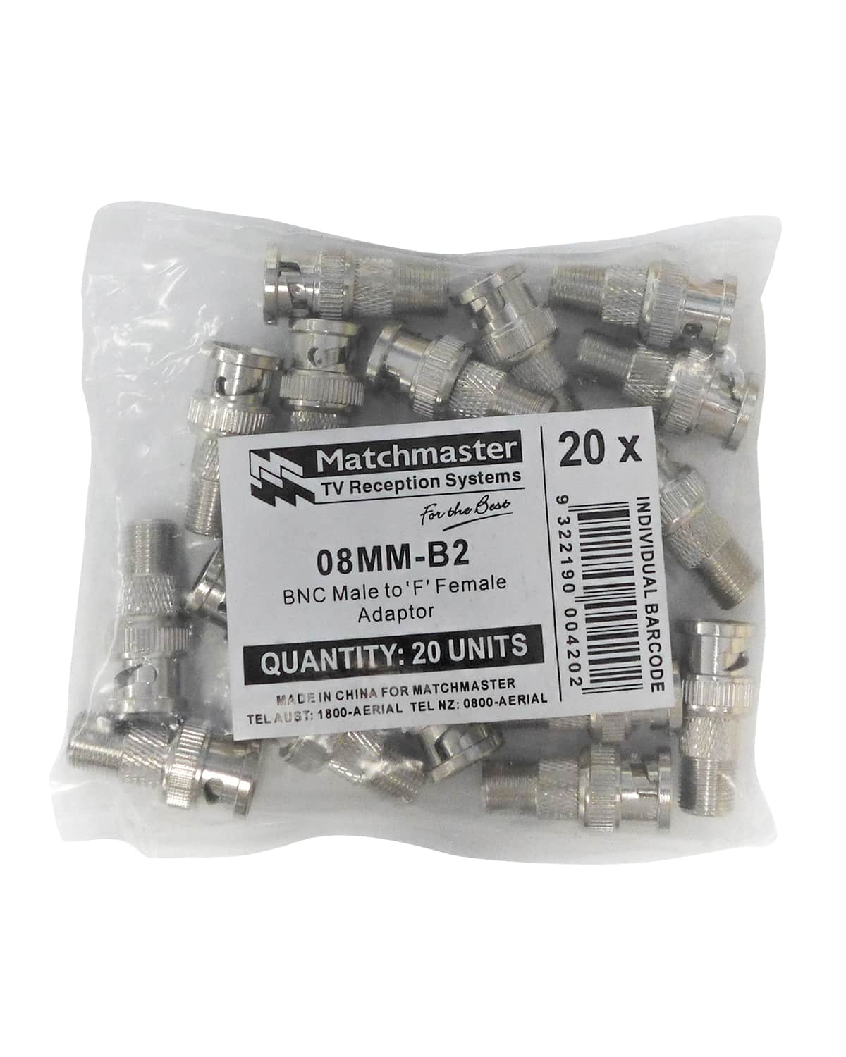 MATCHMASTER ADAPTOR 'F' FEMALE TO BNC MALE (20 Pack) : 08MM-B2 - Image 2