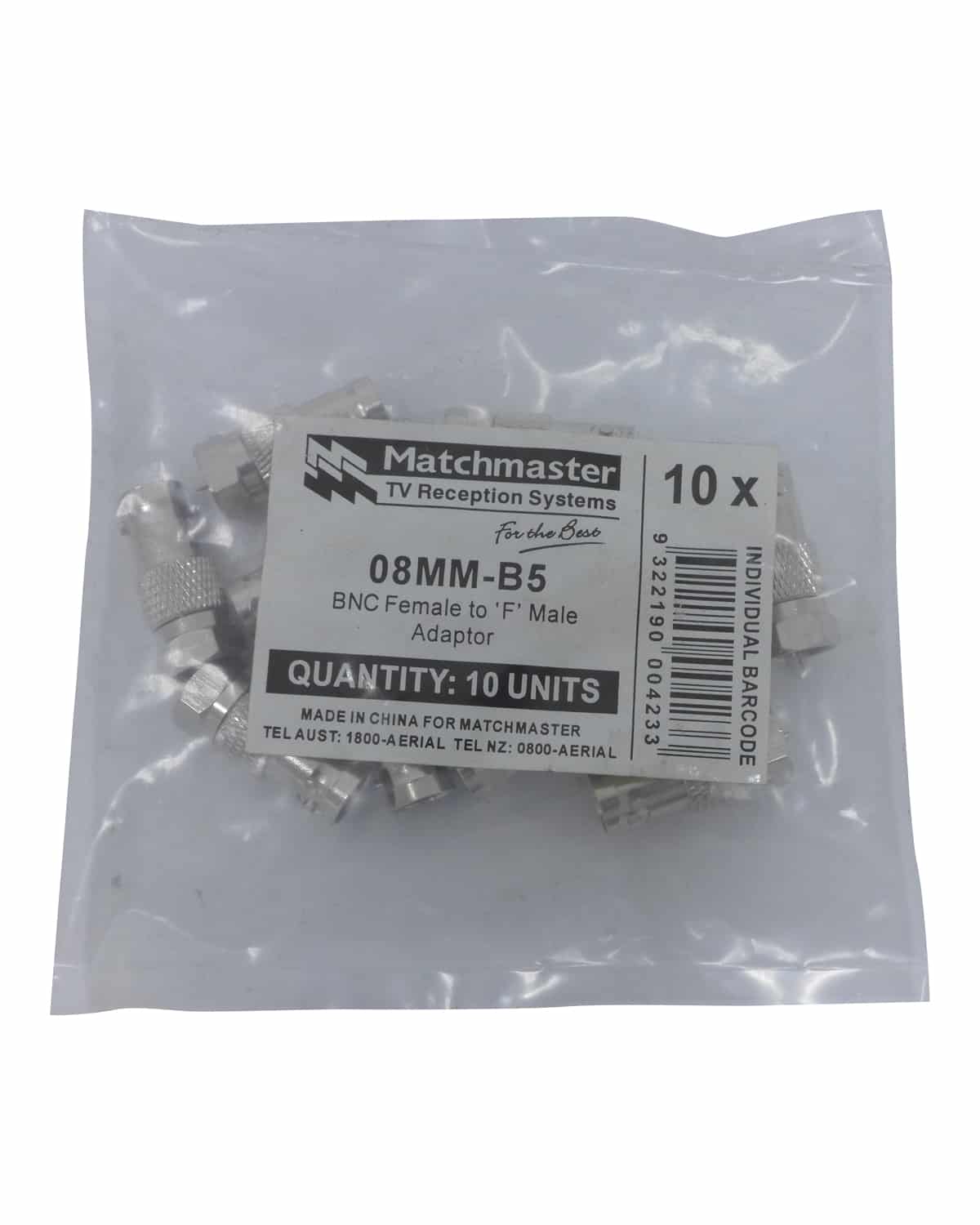 MATCHMASTER ADAPTOR 'F' MALE TO BNC FEMALE (10 Pack) : 08MM-B5 - Image 2
