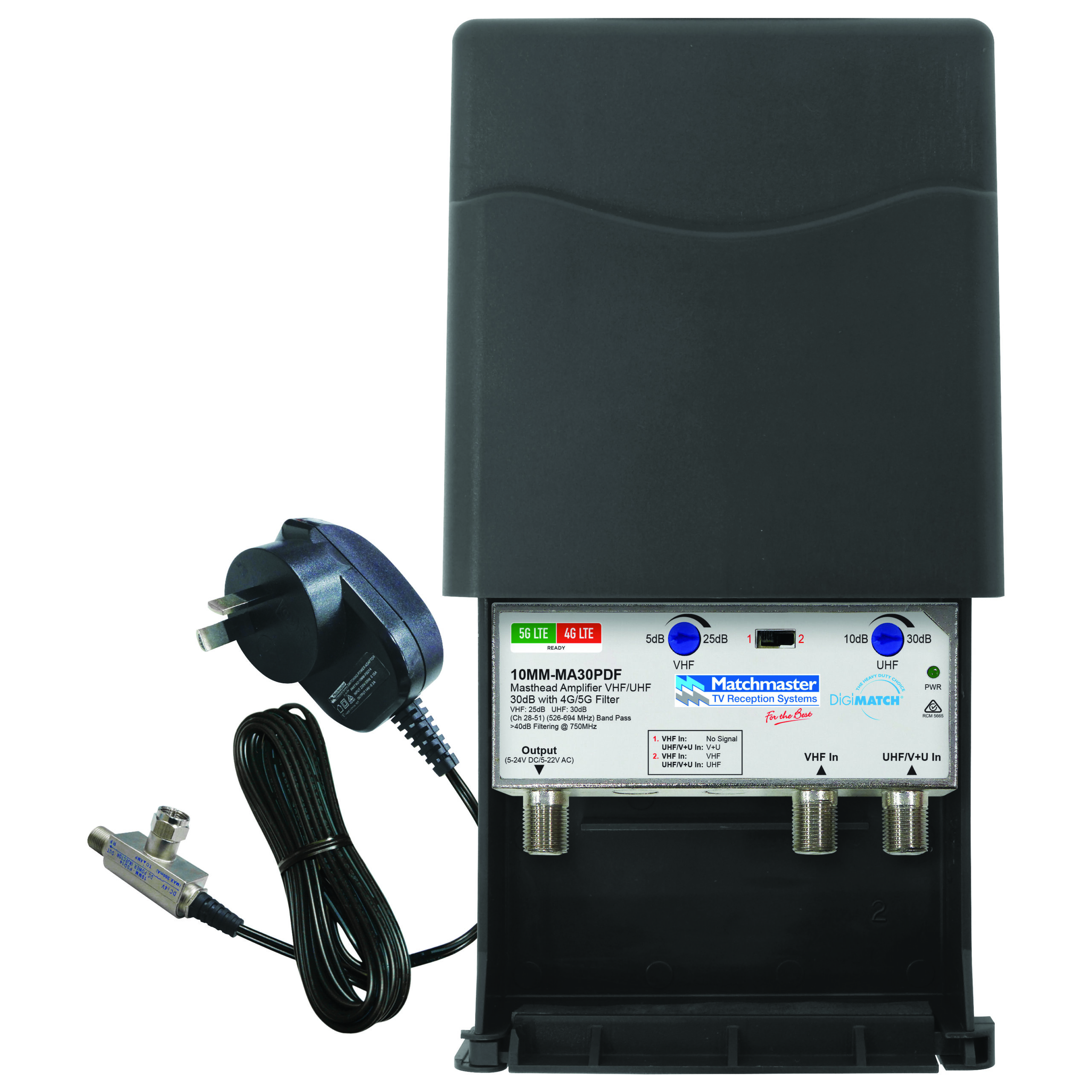 MATCHMASTER Masthead Amplifier VHF/UHF 30dB with 4G/5G 10MM-MA30PDF