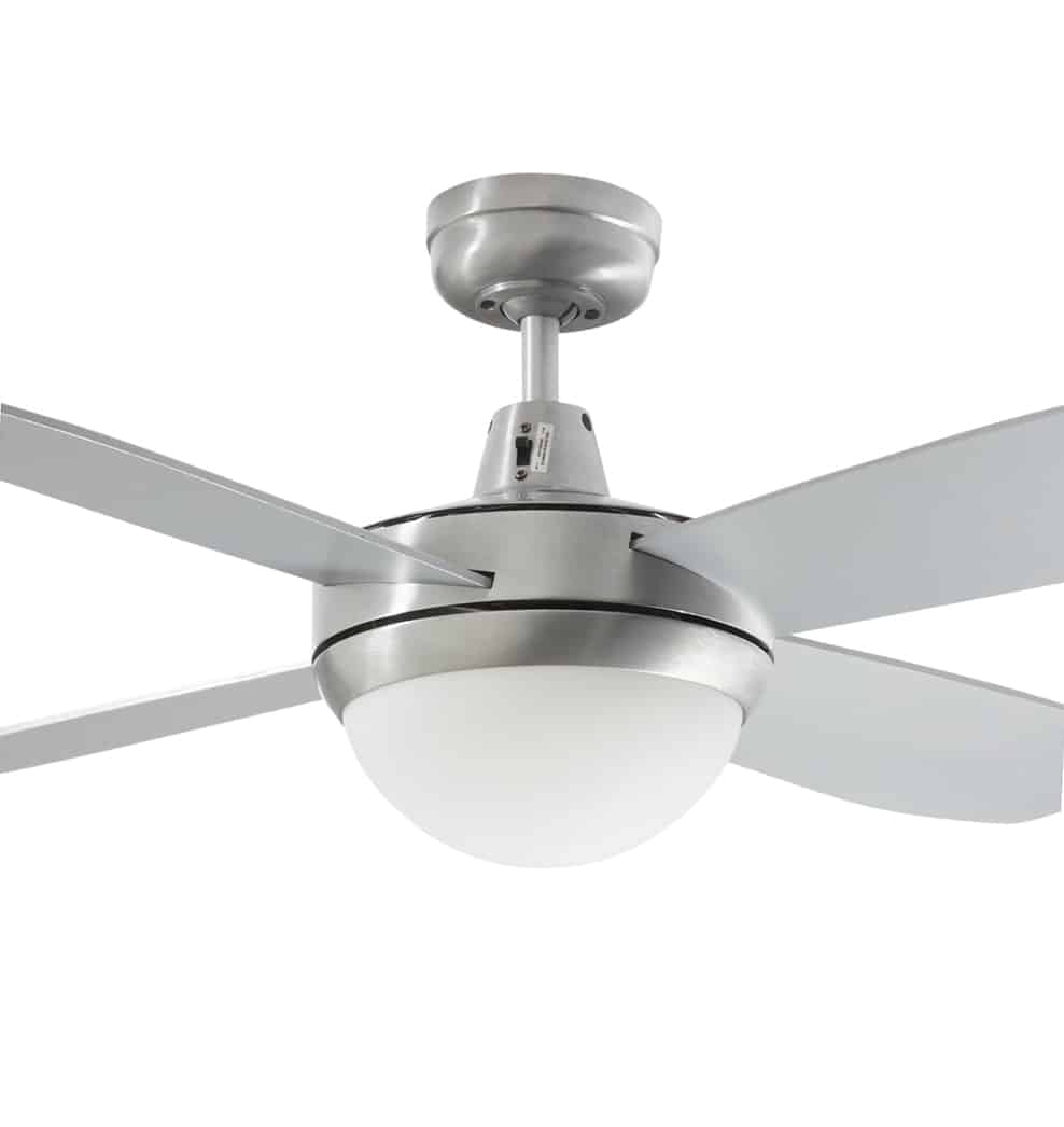 Modern brushed nickel ceiling fan with integrated light and four blades