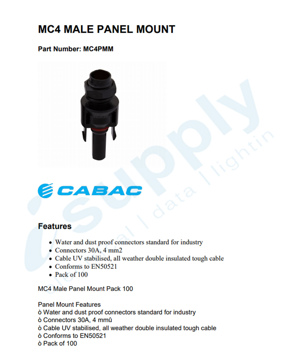 CABAC 100 x MC4 MALE PANEL MOUNT MC4PMM - Image 2