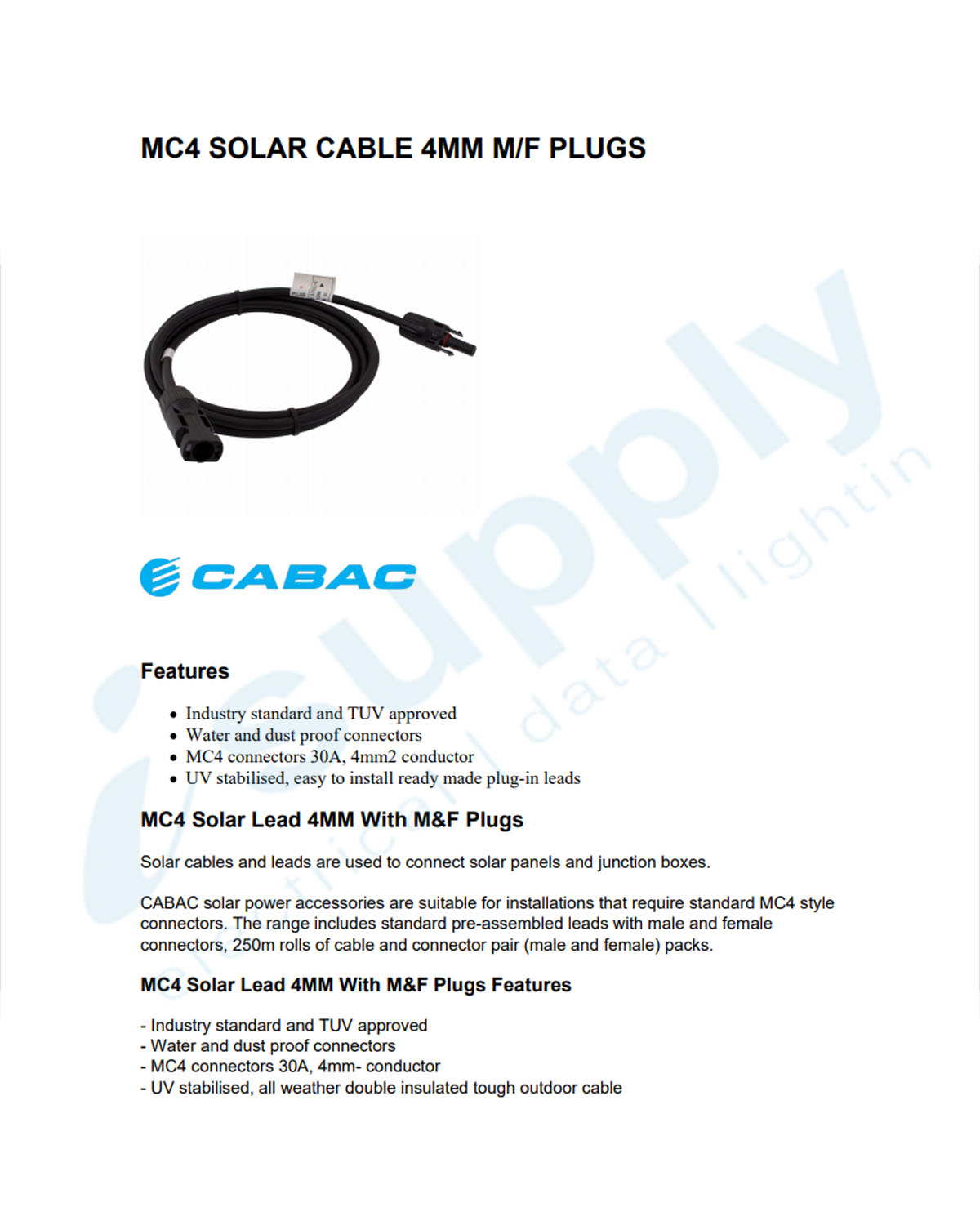 CABAC MC4 SOLAR CABLE 4MM M/F PLUGS 5M SCMC4-5M - Image 2