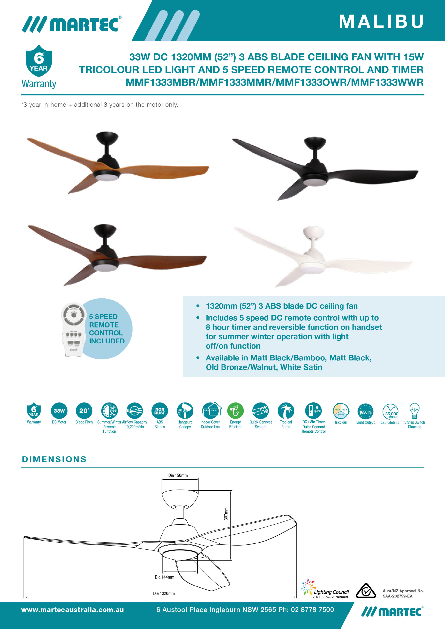 Martec Malibu 1320mm DC Ceiling Fan with 15w LED Light Tricolour Matt Black/Bamboo MMF1333MBR