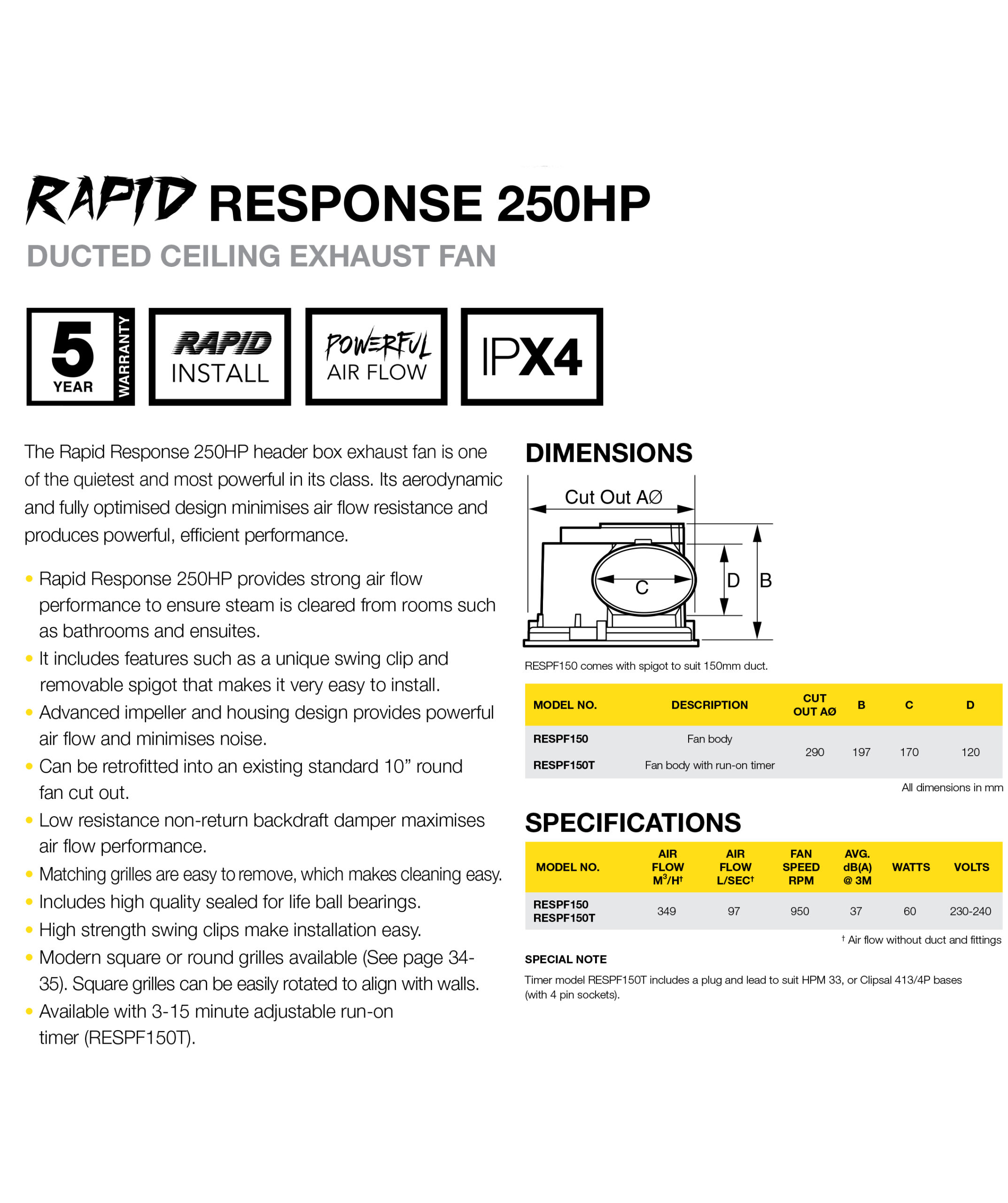 FANTECH Rapid Response 250HP ceiling mounted header box fan with timer to suit 10" hole RESPF150T