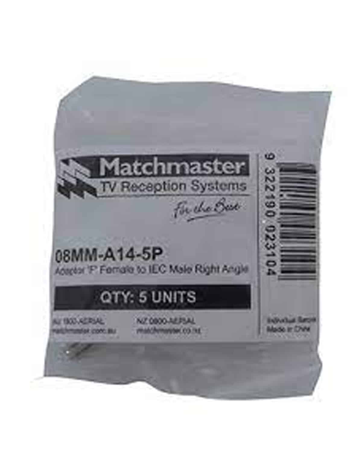 MATCHMASTER CONNECTOR RIGHT ANGLE 'F' FEMALE TO PAL MALE (5 Pack) : 08MM-A14-5P - Image 2