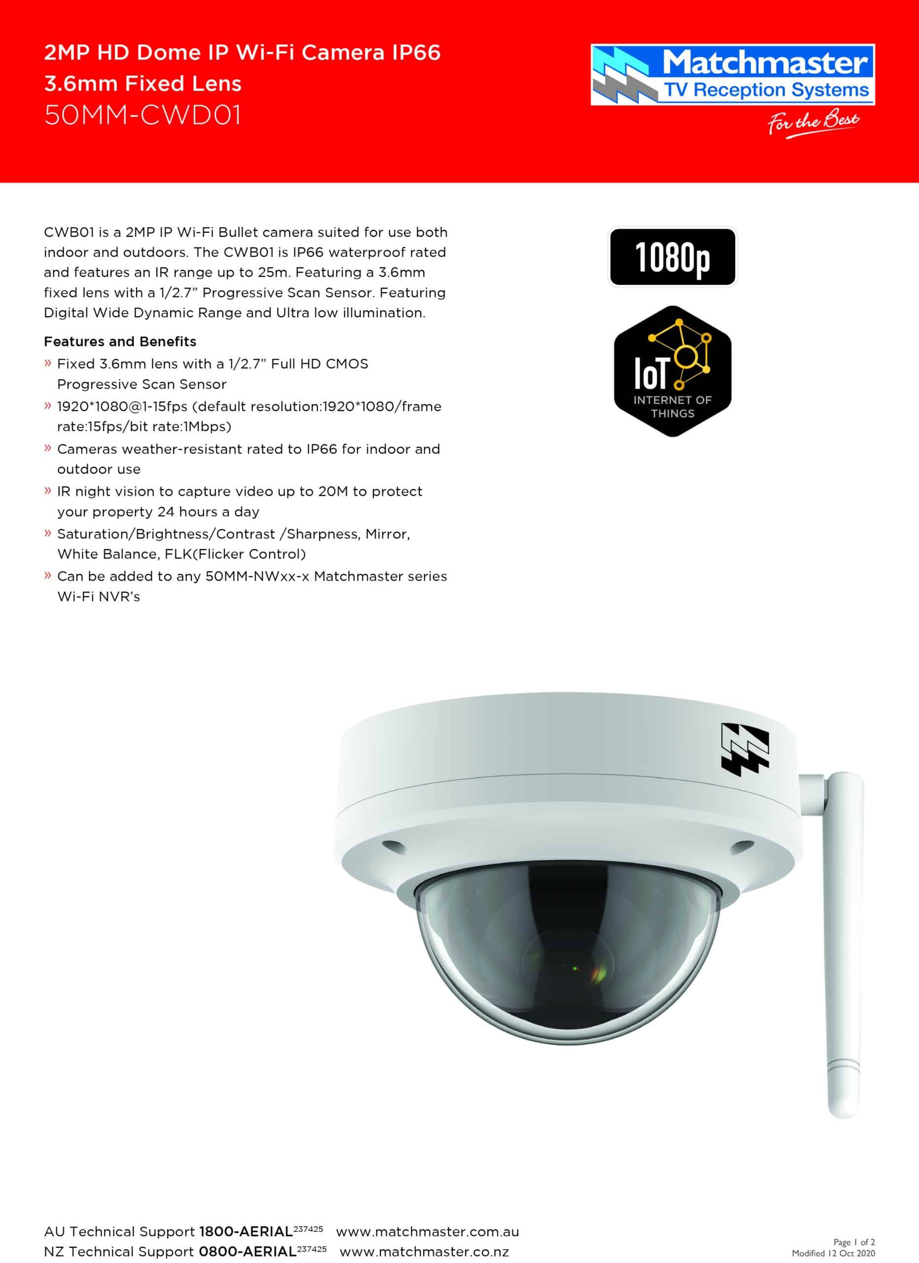 MATCHMASTER DOME CAM - WIFI 2MP 3.6mm FIXED LENS IR20 : 50MM-CWD01 - Image 2