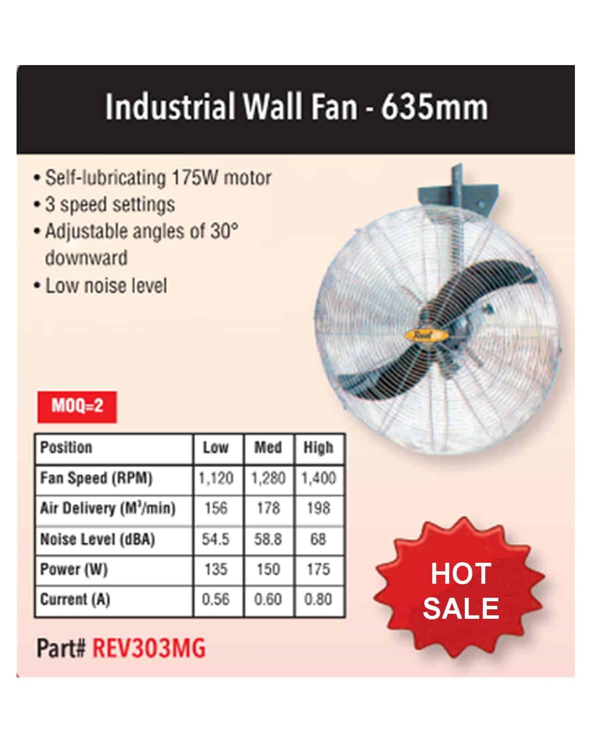 REVELAIL WALL MOUNT FAN 635MM 3 SPEED OSCILLATION MOTOR REV303MG - Image 2
