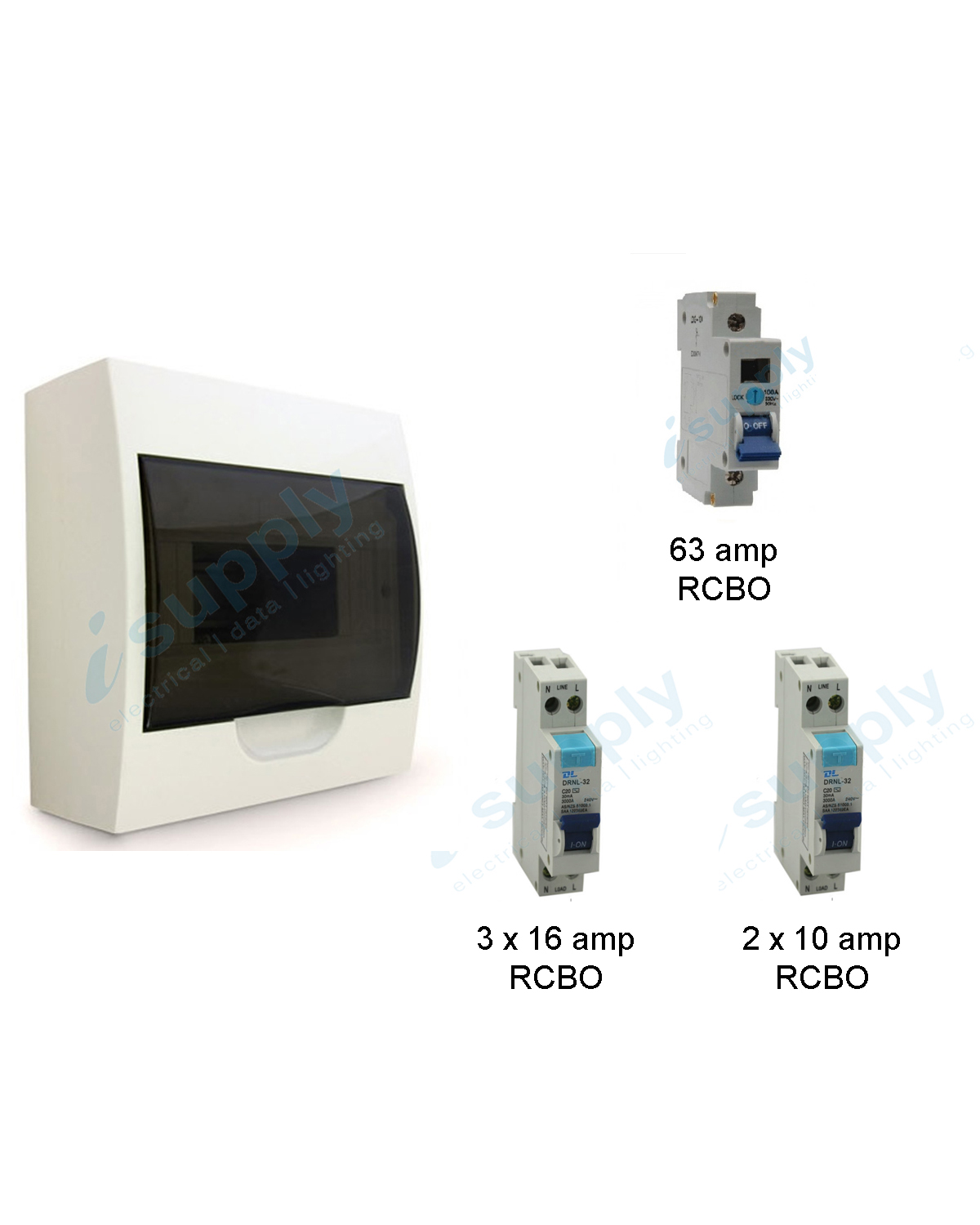 COMPLETE SURFACE MOUNTED DISTRIBUTION 8 POLE BOARD RCBO