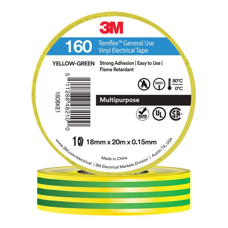 3M Temflex Tape 160 18mm x 20m - Yellow/Green 3M160-YG