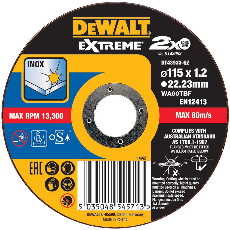DEWALT EXTREME Bonded Disc Thin Cut 115mm x 1.2mm x 22.23mm DEWDT43933-QZ