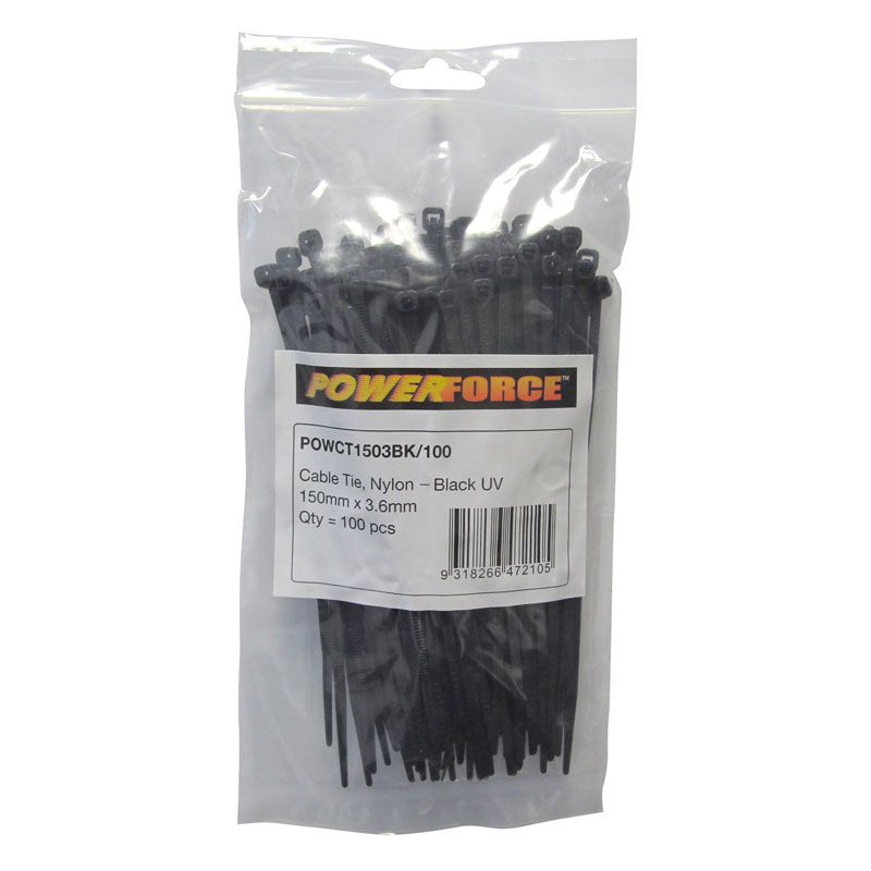 Powerforce Cable Tie Black 150mm x 3.6mm Pack of 100 POWCT1503BK/100
