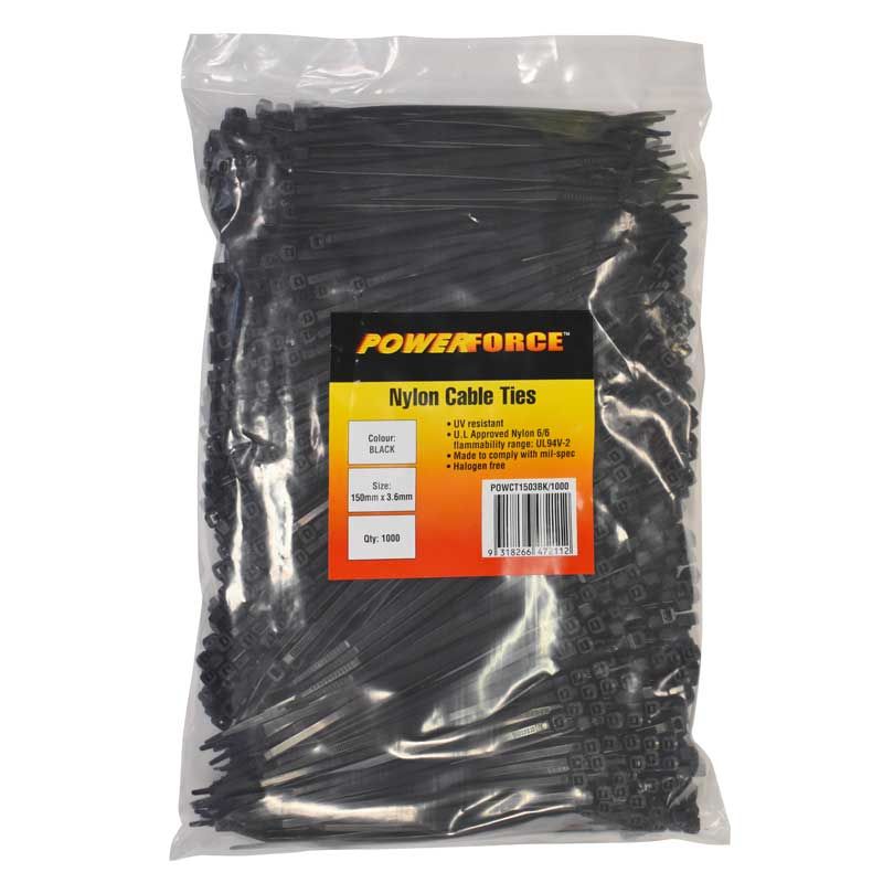 Powerforce Cable Tie Black 150mm x 3.6mm Pack of 1000 POWCT1503BK/1000