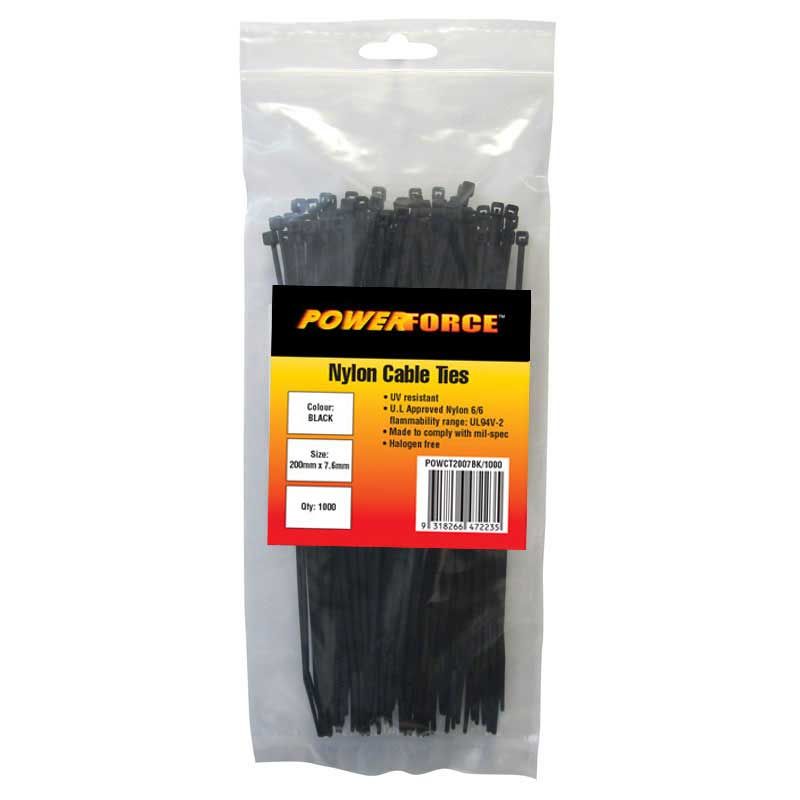 Powerforce Cable Tie Black 200mm x 7.6mm Pack of 100 POWCT2007BK/100