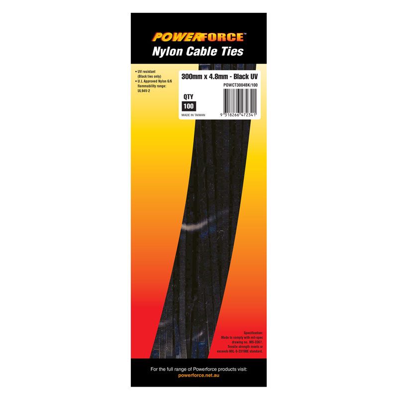 Powerforce Cable Tie Black 380mm x 7.6mm Pack of 100 POWCT3807BK/100