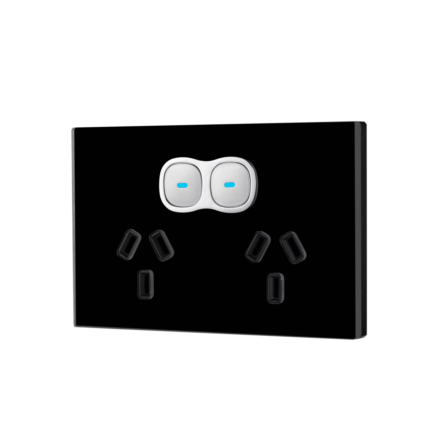 Transco Glass double GPO with built-in LED push button switch black P2G/B