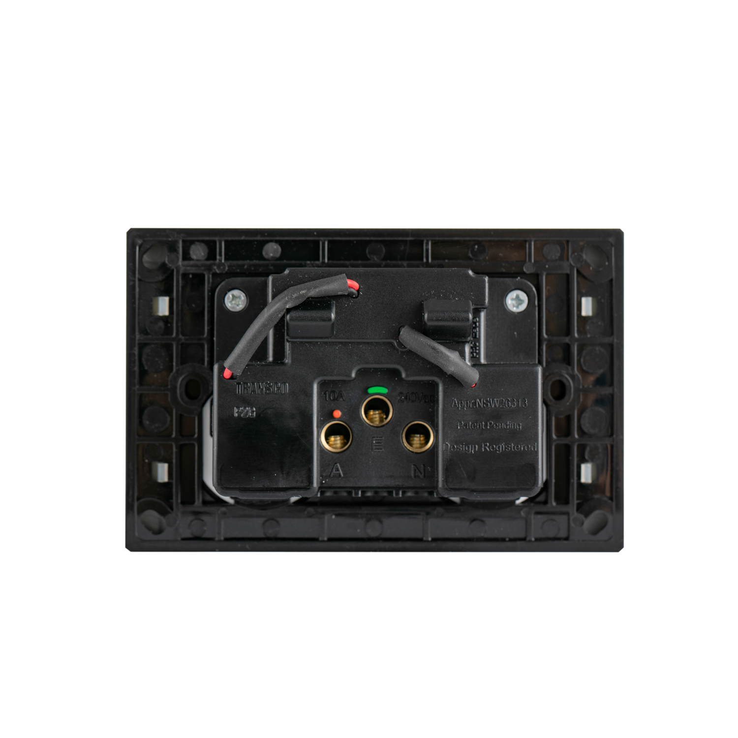 Transco Glass double GPO with built-in LED push button switch black P2G/B