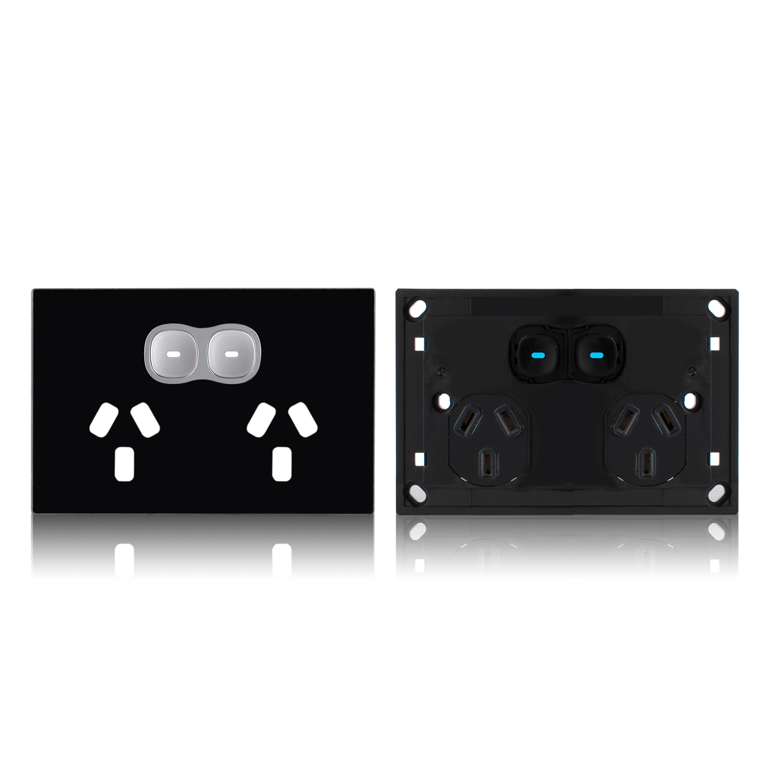 Transco Glass double GPO with built-in LED push button switch black P2G/B
