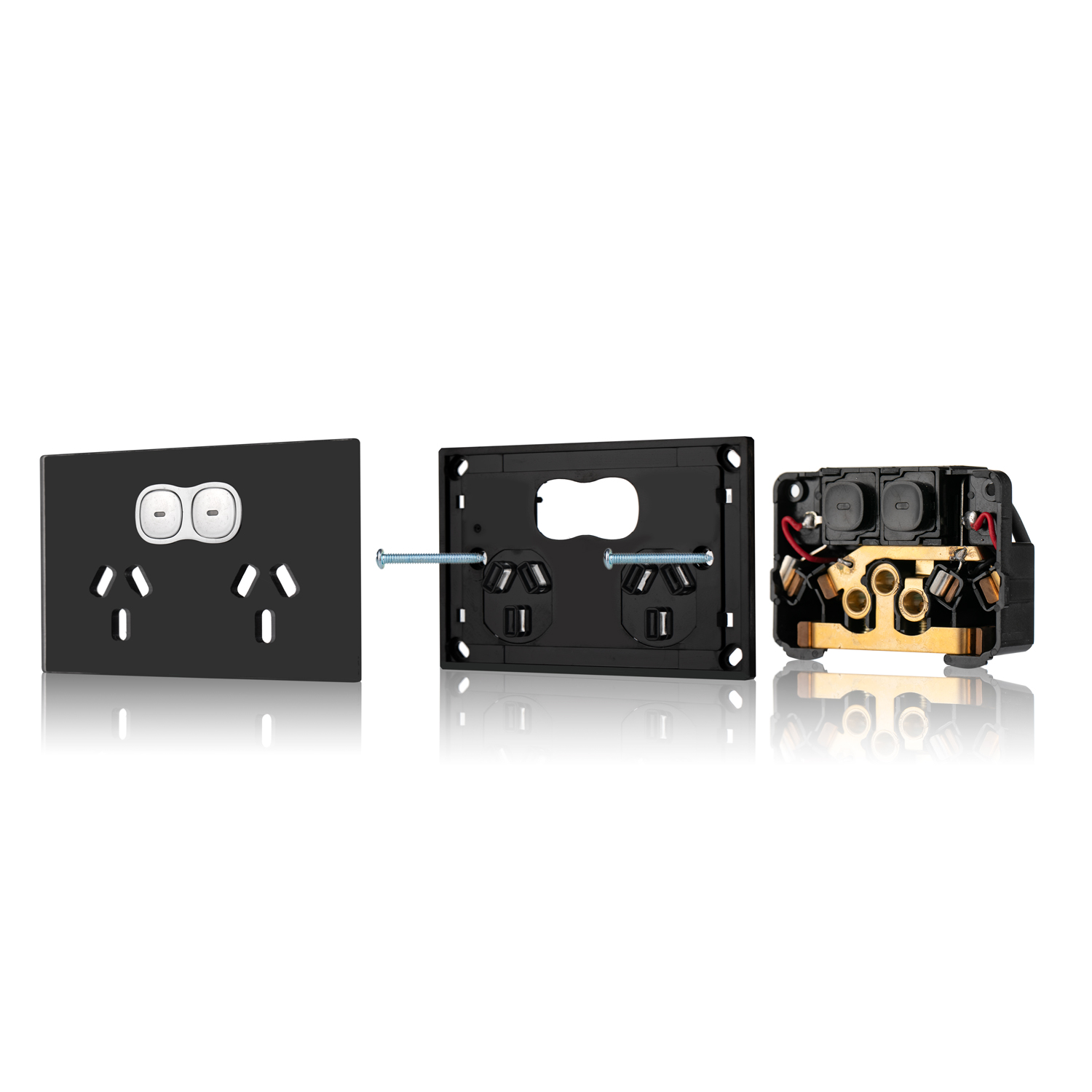 Transco Glass double GPO with built-in LED push button switch black P2G/B