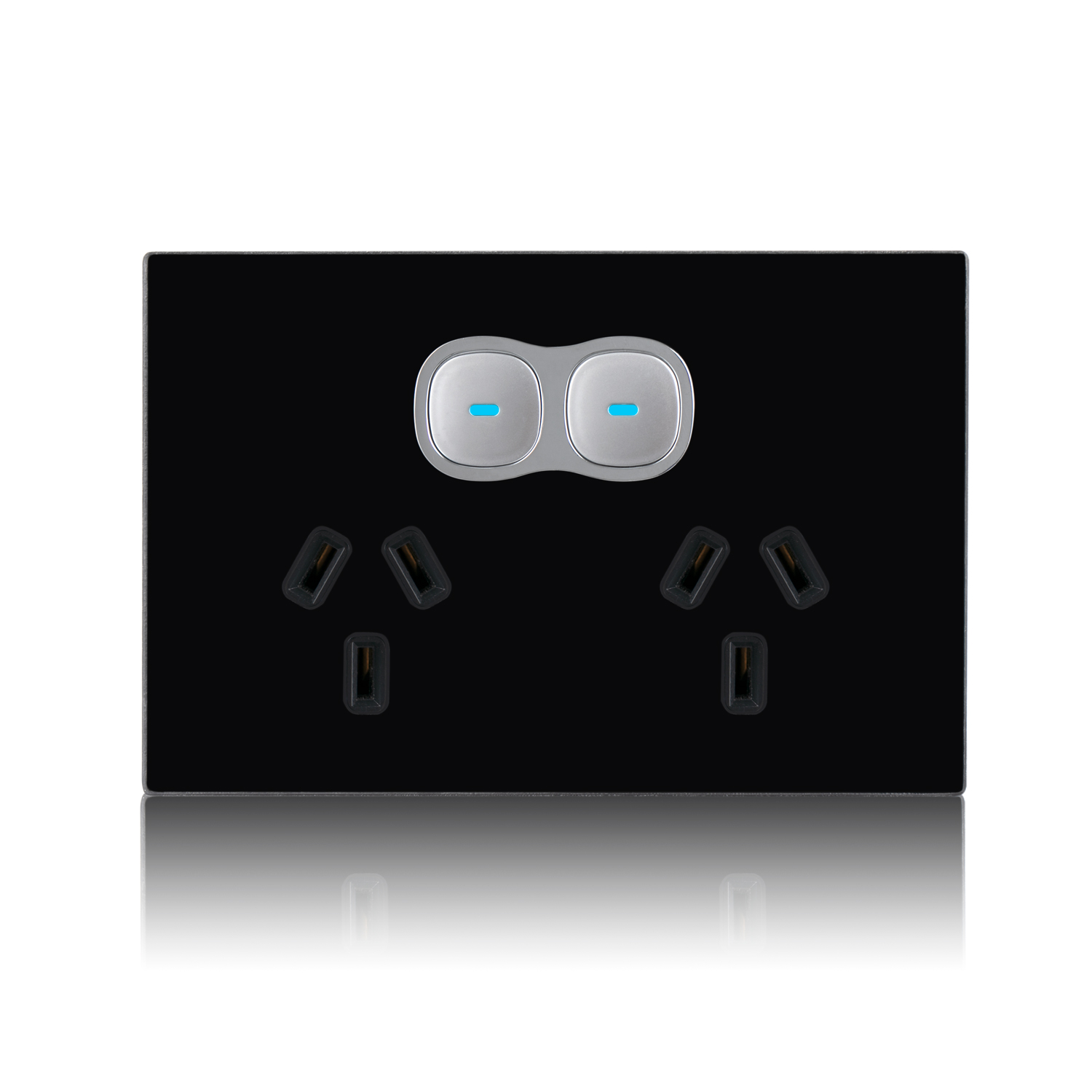Transco Glass double GPO with built-in LED push button switch black P2G/B