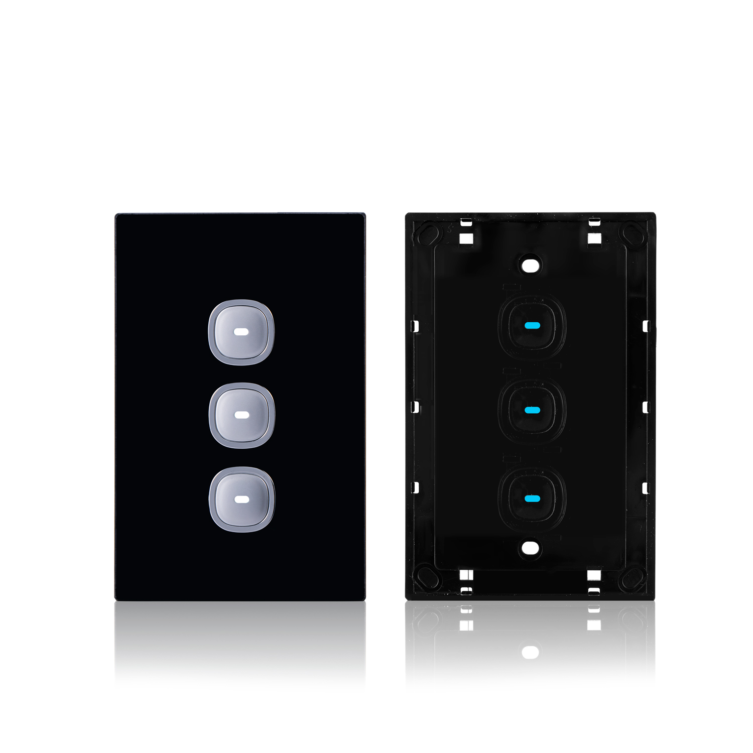 Transco Glass three gang switch with built-in LED push button black S3G/B