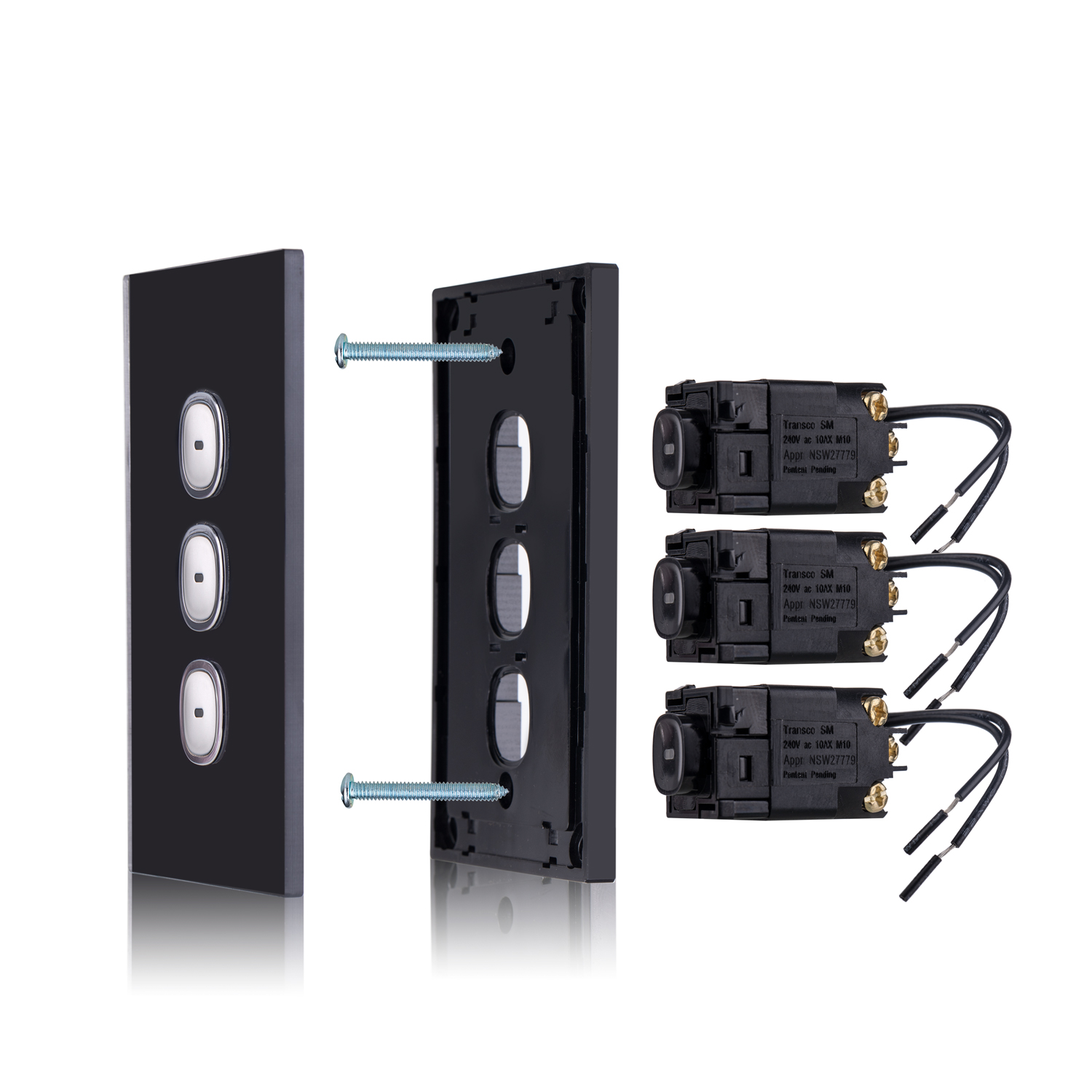 Transco Glass three gang switch with built-in LED push button black S3G/B