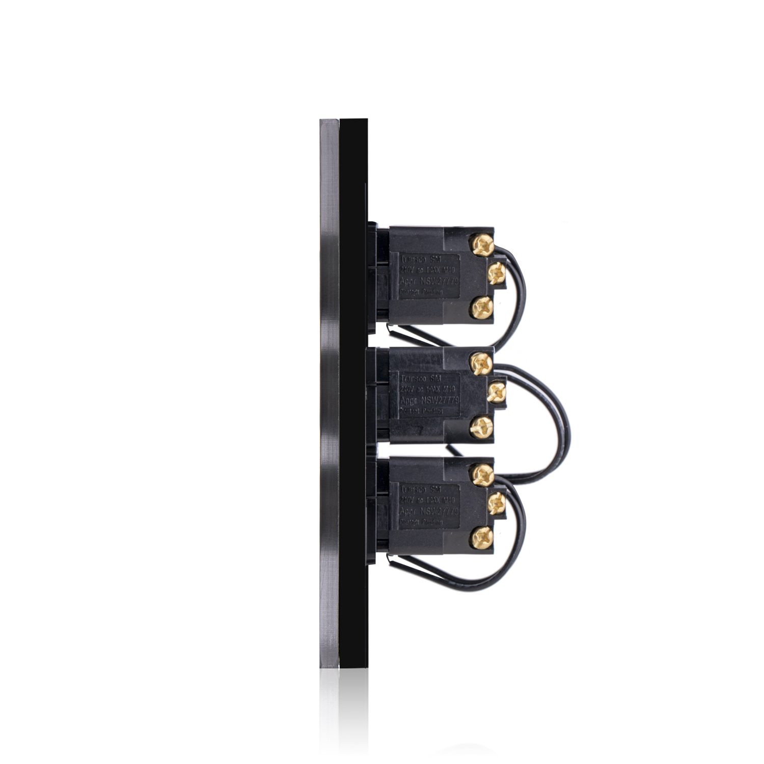 Transco Glass three gang switch with built-in LED push button black S3G/B
