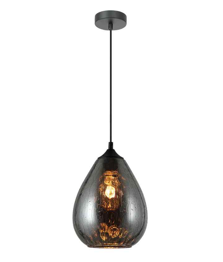 CLA CHUVA: Smokey Black Mirror Finish Glass with Rain Drop Effect Oval Pendant Light
