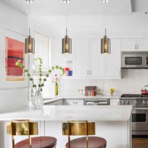 CLA ESPEJO1: Interior Iron & Chrome Oblong Glass with Line Effect Pendant Lights