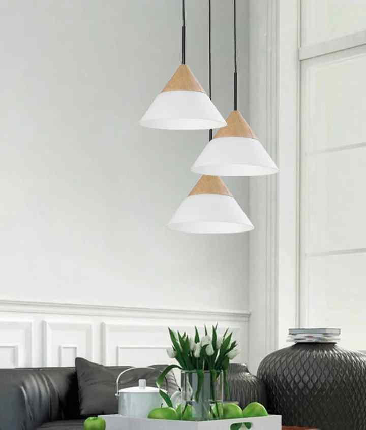 CLA FINN: Scandinavian Blonde Wood & Opal Glass Wide Cone Pendant Light