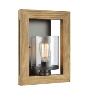 CLA METI: Warm Chestnut Wood Frame Clear Glass Shade Interior Wall Light