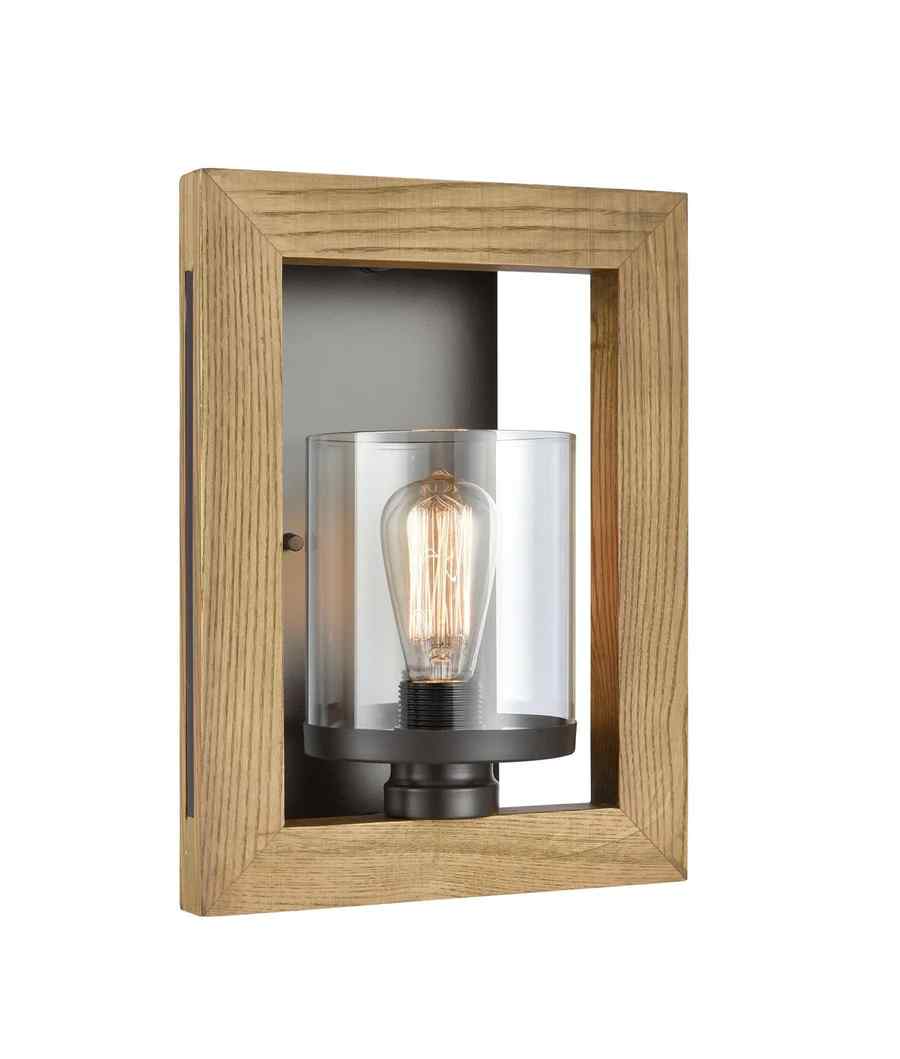 CLA METI: Warm Chestnut Wood Frame Clear Glass Shade Interior Wall Light