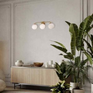 CLA PALLA: Interior Triple Sphere Alabaster with Brass Highlight Round Base Wall Light
