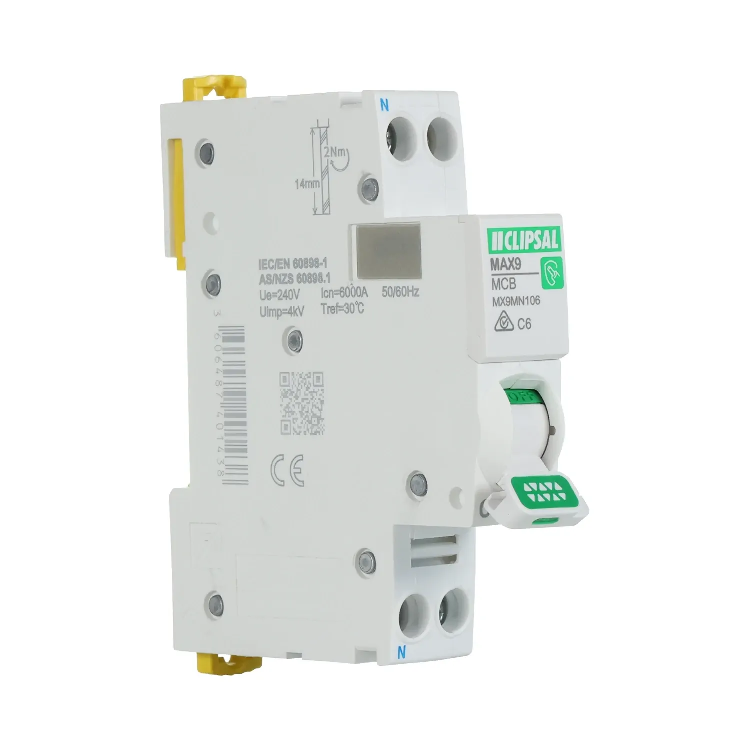 Clipsal 6 Amp MAX9 Miniature Circuit Breaker MCB C Curve 1 Pole + N C Curve 6kA