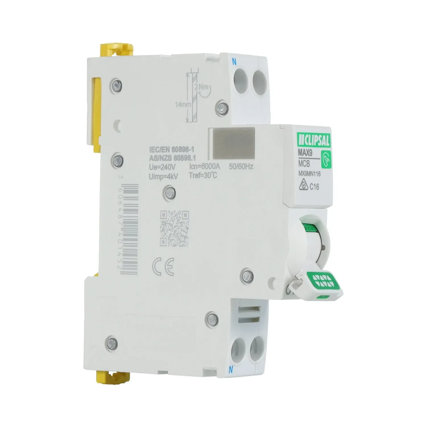 Clipsal 16 Amp MAX9 Miniature Circuit Breaker MCB C Curve 1 Pole + N C Curve 6kA