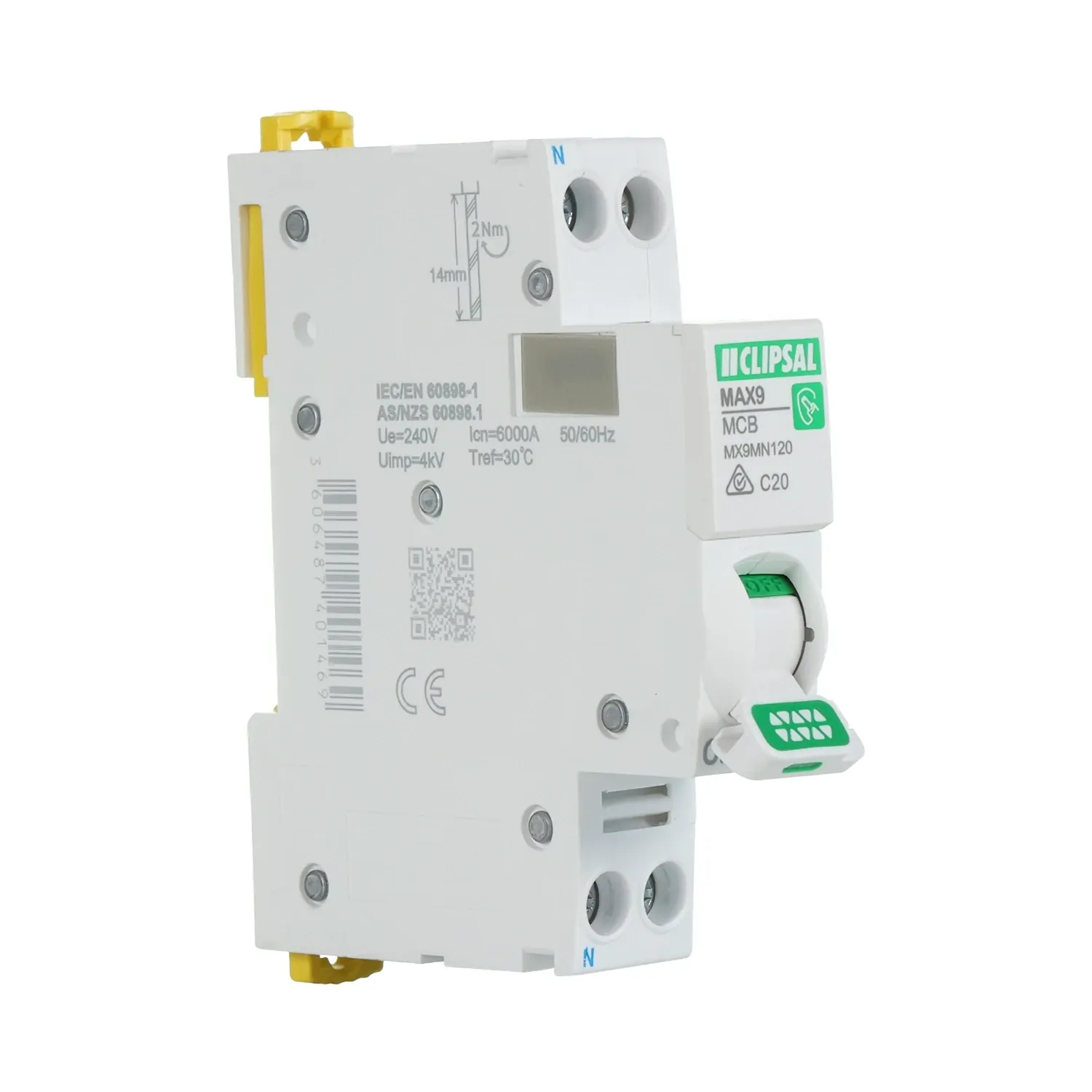 Clipsal 20 Amp MAX9 Miniature Circuit Breaker MCB C Curve 1 Pole + N C Curve 6kA
