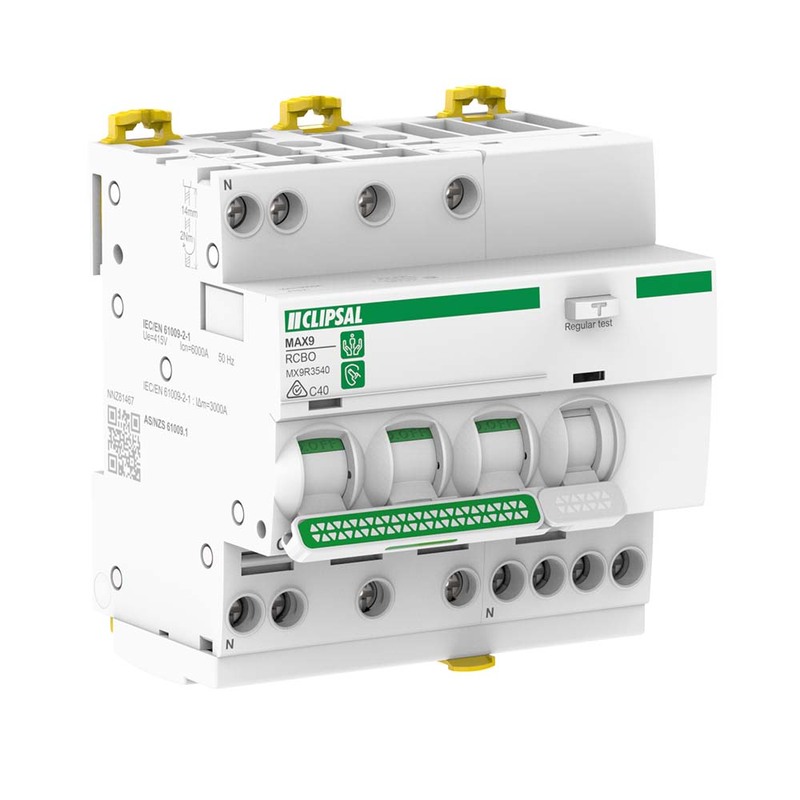 Clipsal MAX9 40 Amp RCD RCBO With Overcurrent Protection C Curve 5 Module 3 Pole + Neutral Type A 30mA 6kA
