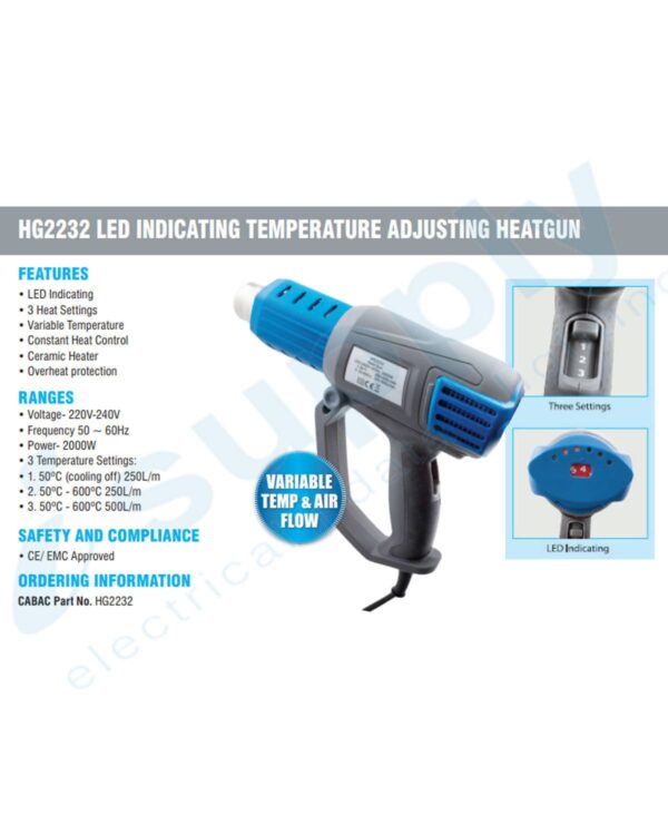 Cabac 2000W 3 Fan Adjustable Temperature LED Indicating Heat Gun HG2232 - Image 3