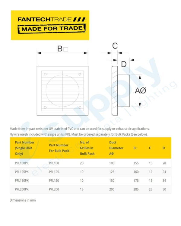 FANTECHTRADE 200mm External Plastic Fixed Louvre c/w flywire FANPFL200PK