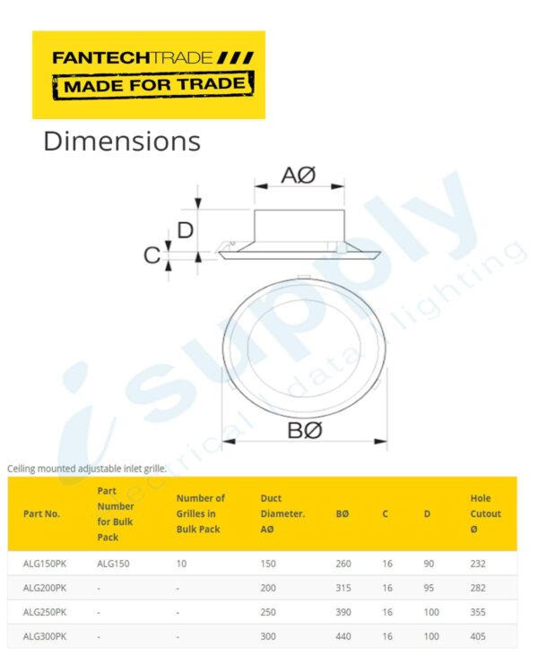 FANTECHTRADE Internal Ceiling louvres 200mm adjustable FANALG200PK