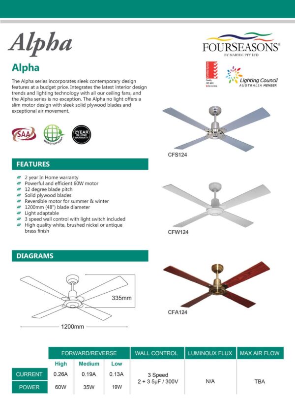 Martec Alpha 4 Blade Ceiling Fan Silver CFS124