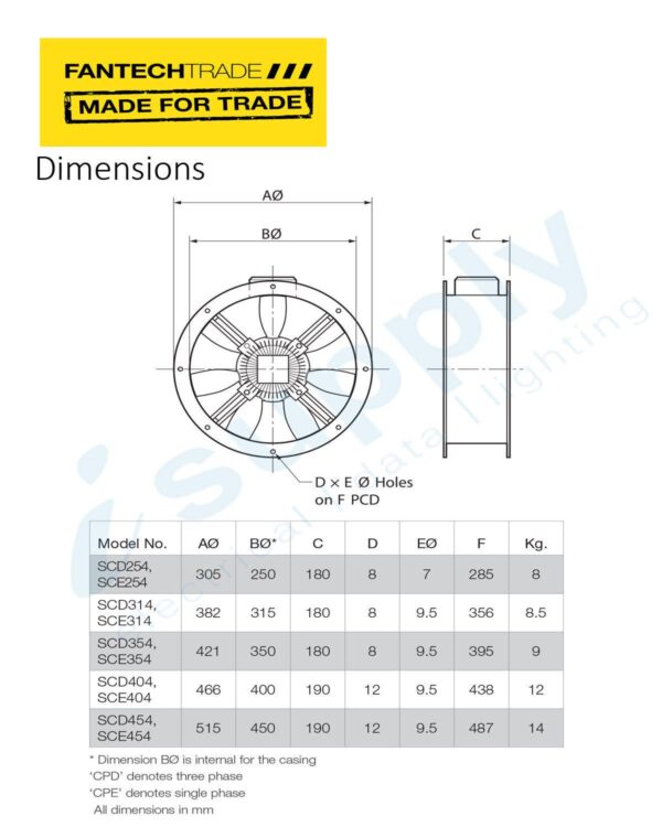 FANTECHTRADE Short cased in-line duct fan 250mm 4 pole 1Ph FANSCE254