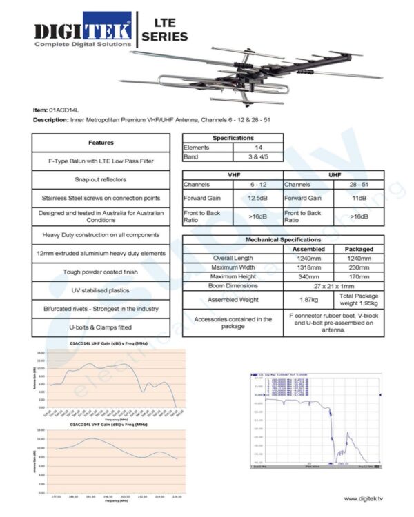 Digitek LTE series Combination Antenna 14 Elements YAGI UHF/VHF 01ACD14L
