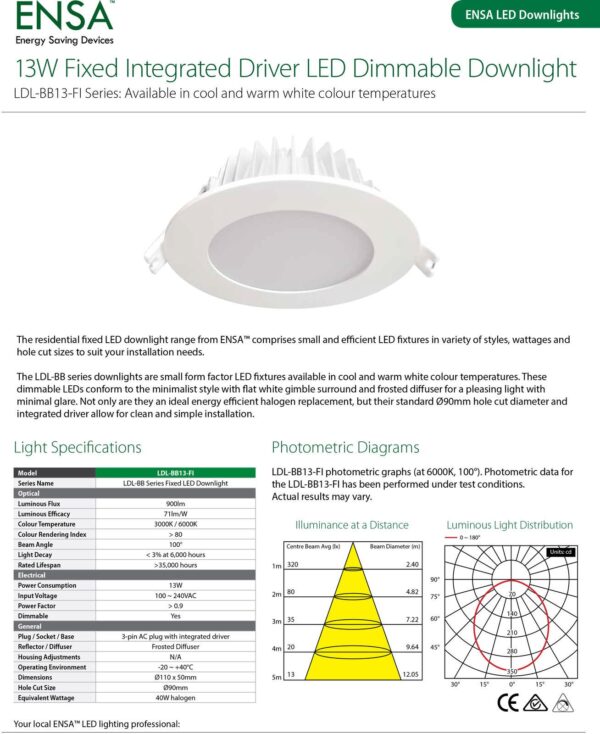 ENSA 13W Fixed Integrated Driver LED Dimmable Downlight (6000K) LDL-BB13-FCI - Image 2