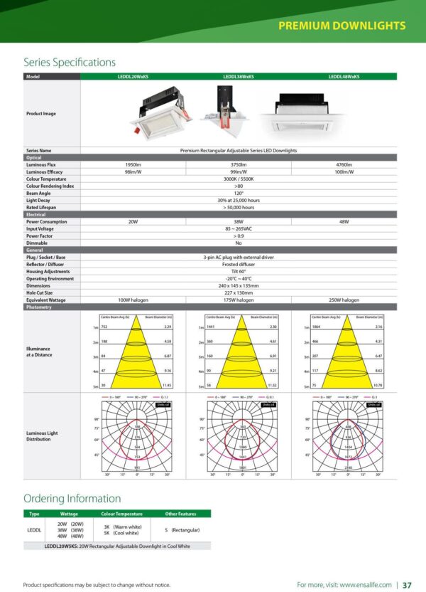 ENSA 48W Premium Rectangular Adjustable LED Downlight (5500K) LEDDL48W5KS - Image 4