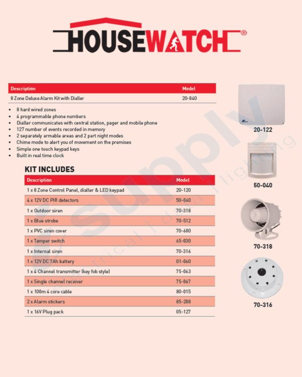 HOUSEWATCH ALARM KIT WITH DIALLER, 8 ZONE, 4 SENSORS HOUSE KIT 20-840 - Image 2
