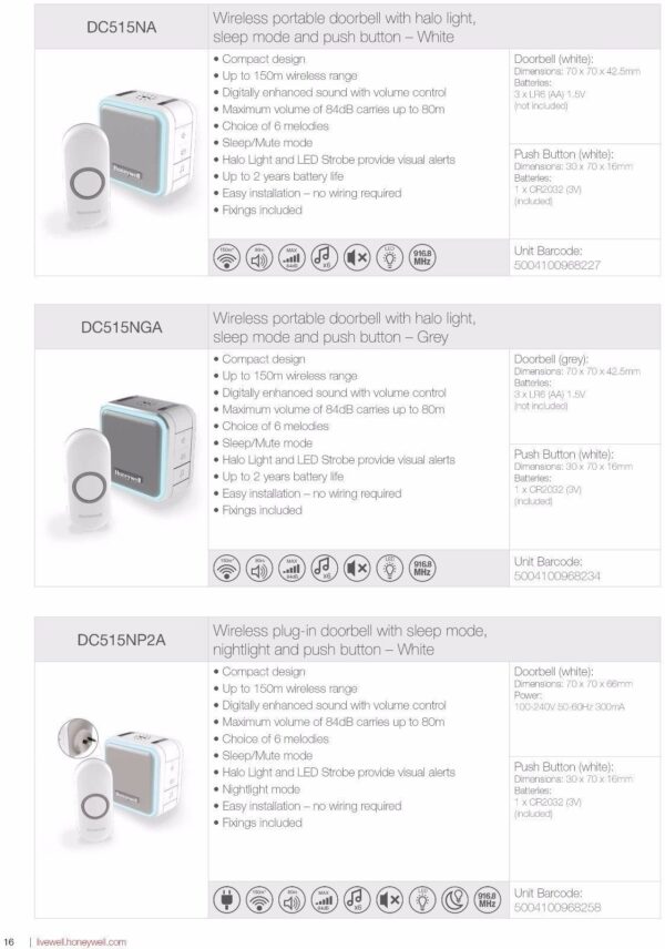 HONEYWELL DOORBELL, WIRELESS SILVER GREY & PUSH BUTTON 150m DC515NGA - Image 3