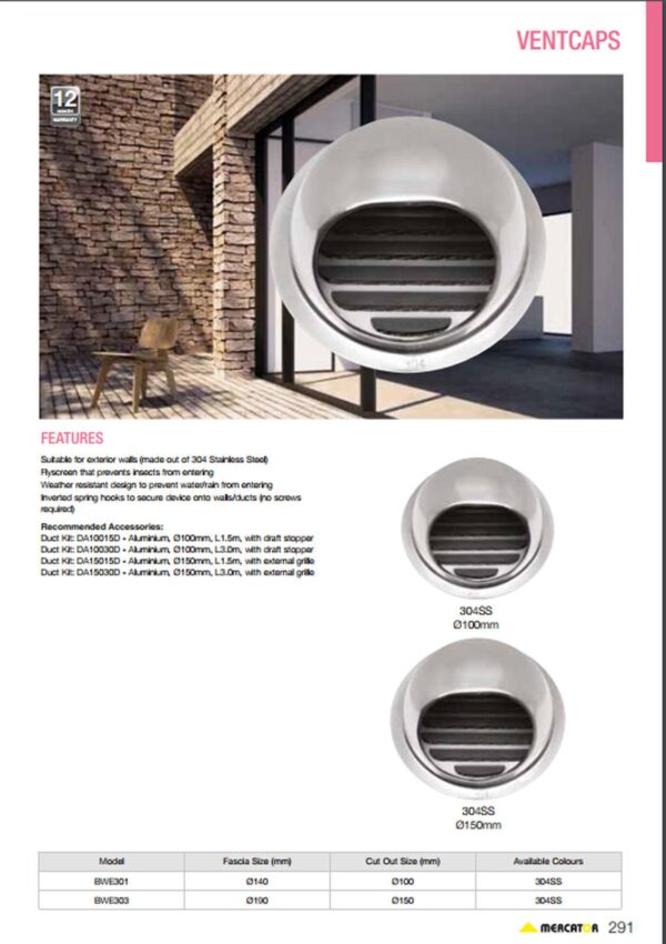Mercator Aluminum Vent Cap 150mm Wall Vent BWE301SS