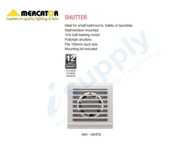 Mercator Window / Wall Exhaust Fan | 100mm Model | Bathroom Auto Shutter BWE231WH - Image 3