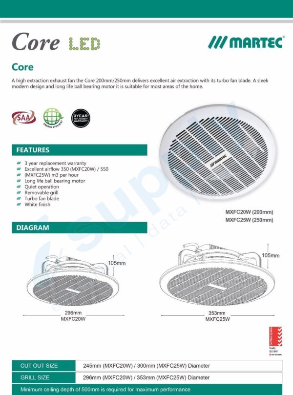 Martec Core Round 250mm Exhaust Fan White MXFC25W